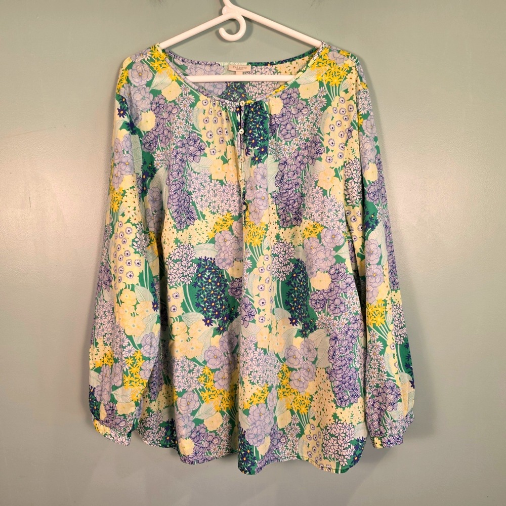 Talbots Plus 3X Floral Cotton Blouse Blue Yellow Green Keyhole Neck Long Sleeve